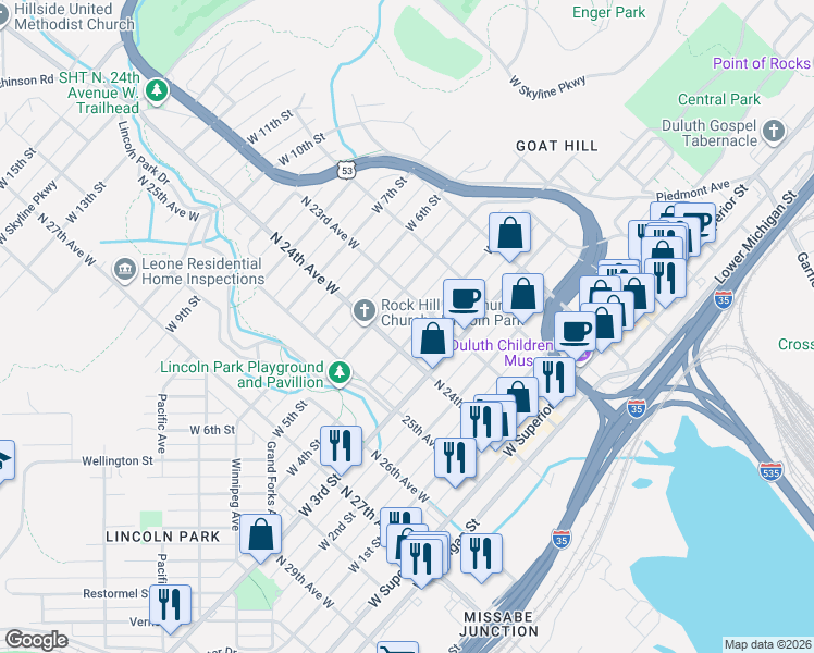 map of restaurants, bars, coffee shops, grocery stores, and more near 2320 West 4th Street in Duluth
