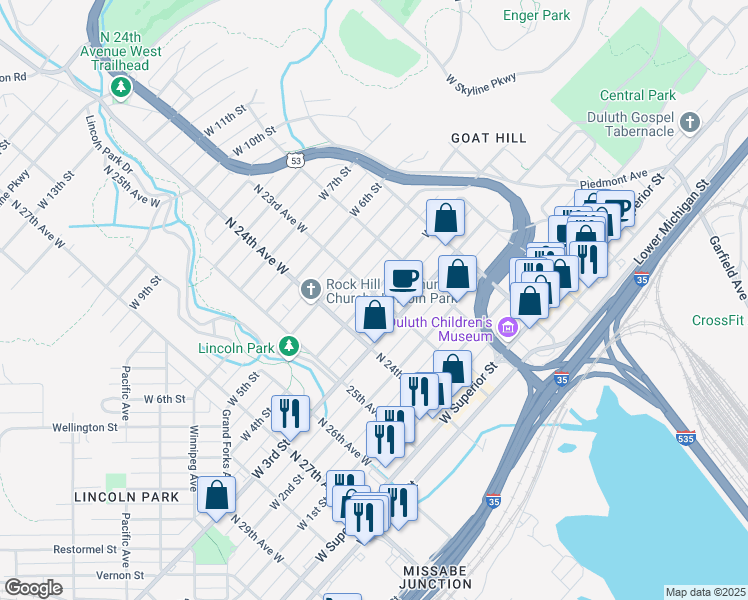 map of restaurants, bars, coffee shops, grocery stores, and more near 329 North 23rd Avenue West in Duluth