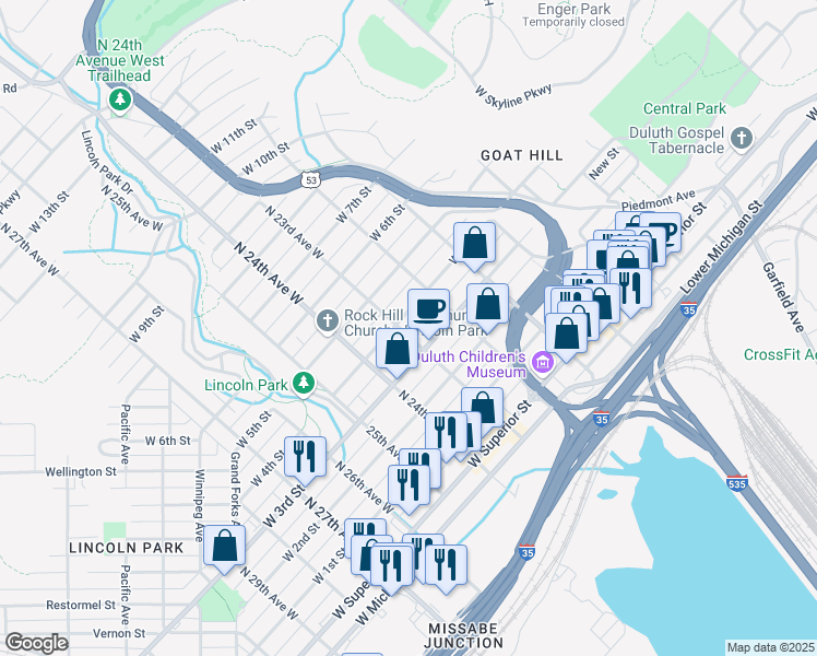 map of restaurants, bars, coffee shops, grocery stores, and more near 322 North 23rd Avenue West in Duluth