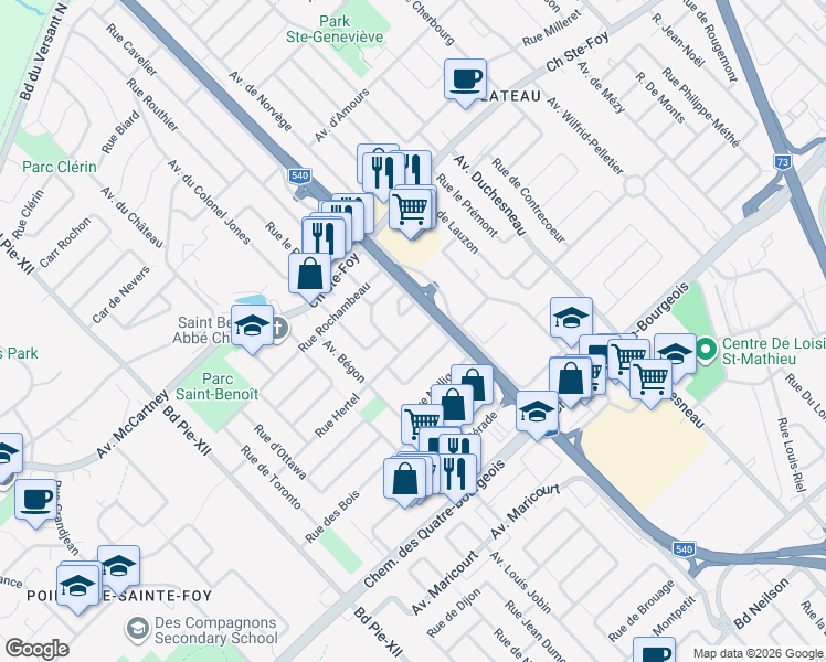 map of restaurants, bars, coffee shops, grocery stores, and more near 3322 Rue Hertel in Québec