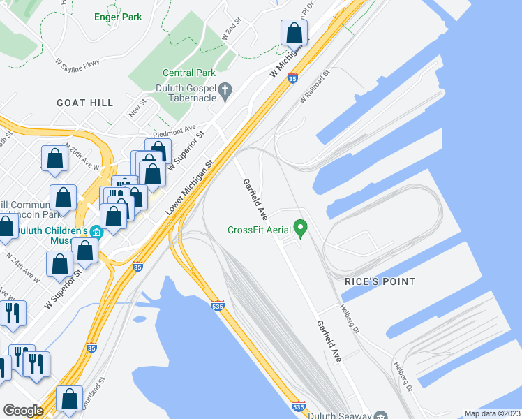 map of restaurants, bars, coffee shops, grocery stores, and more near 301 Garfield Avenue in Duluth