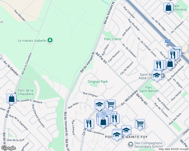 map of restaurants, bars, coffee shops, grocery stores, and more near 691 Rue Gingras in Ville de Québec