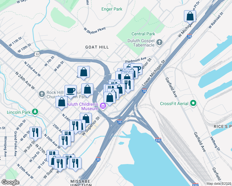 map of restaurants, bars, coffee shops, grocery stores, and more near 2011 West Superior Street in Duluth