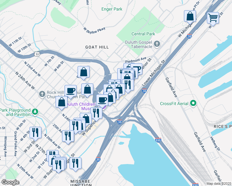 map of restaurants, bars, coffee shops, grocery stores, and more near 32 North 20th Avenue West in Duluth