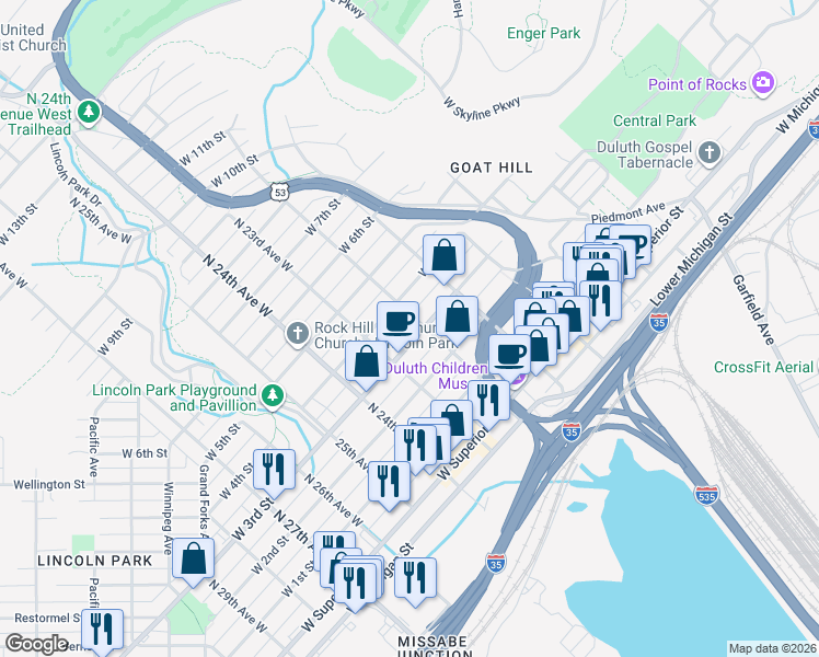 map of restaurants, bars, coffee shops, grocery stores, and more near 2202 West 4th Street in Duluth