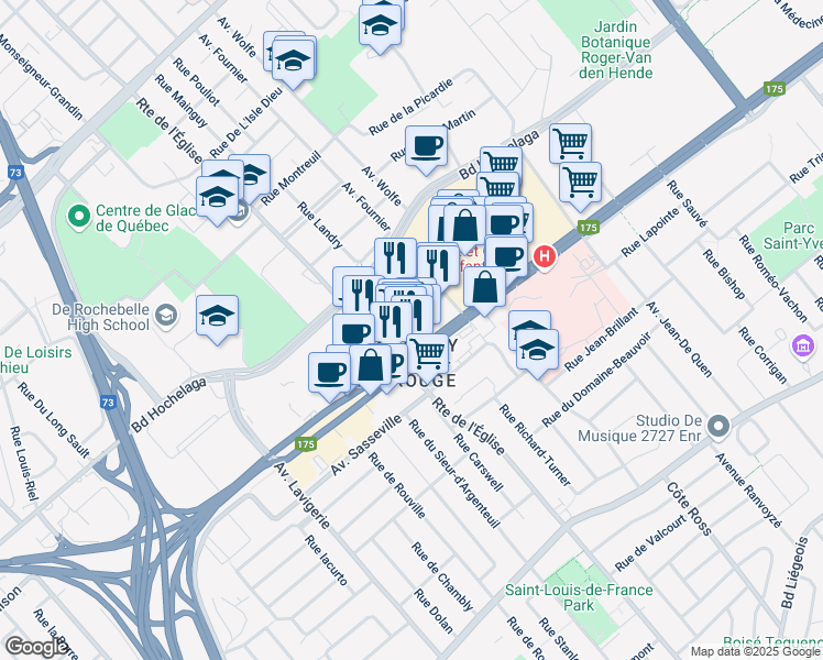 map of restaurants, bars, coffee shops, grocery stores, and more near 2000 Route de l'Église in Québec