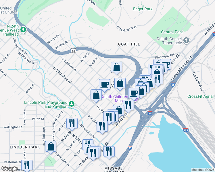 map of restaurants, bars, coffee shops, grocery stores, and more near 2202 West 4th Street in Duluth