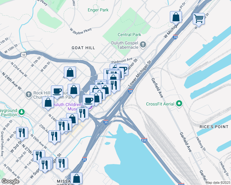 map of restaurants, bars, coffee shops, grocery stores, and more near 1912 West Michigan Street in Duluth