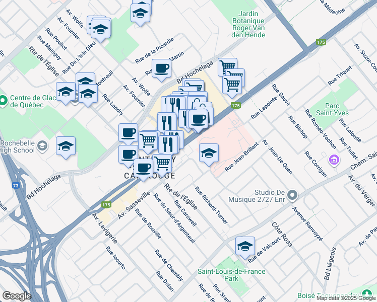 map of restaurants, bars, coffee shops, grocery stores, and more near in Québec
