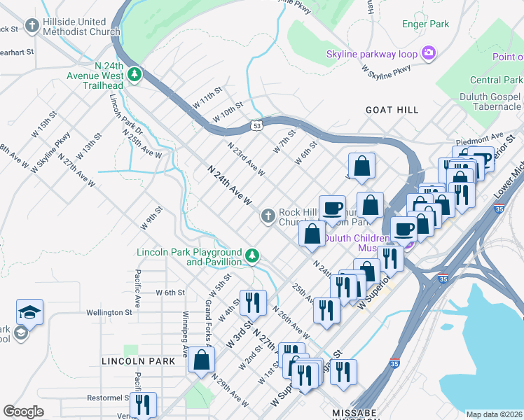 map of restaurants, bars, coffee shops, grocery stores, and more near 520 North 24th Avenue West in Duluth