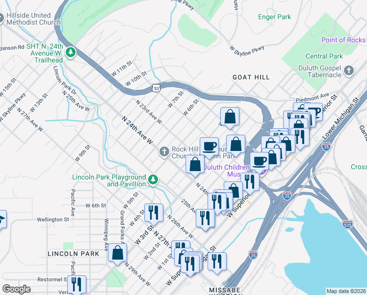 map of restaurants, bars, coffee shops, grocery stores, and more near 2226 West 5th Street in Duluth