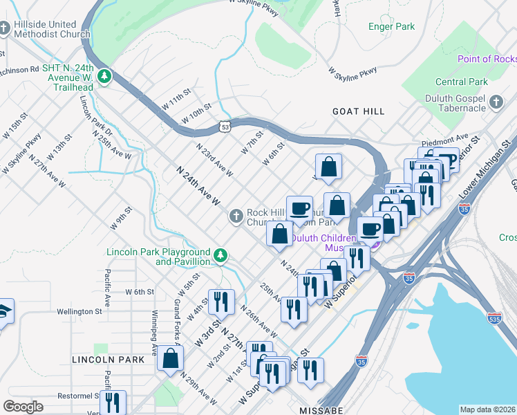 map of restaurants, bars, coffee shops, grocery stores, and more near 517 North 23rd Avenue West in Duluth