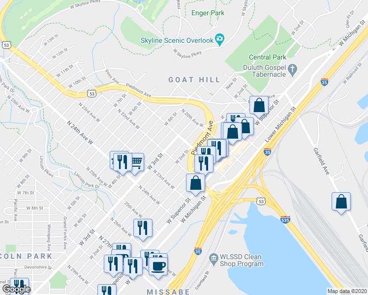 map of restaurants, bars, coffee shops, grocery stores, and more near 2101 West 2nd Street in Duluth