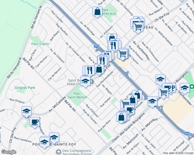 map of restaurants, bars, coffee shops, grocery stores, and more near Chemin Sainte-Foy in Quebec
