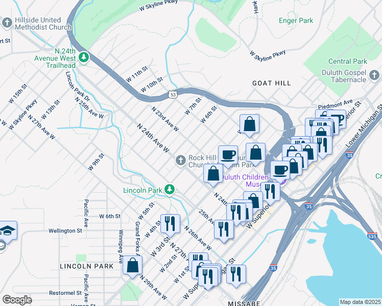 map of restaurants, bars, coffee shops, grocery stores, and more near 517 North 23rd Avenue West in Duluth
