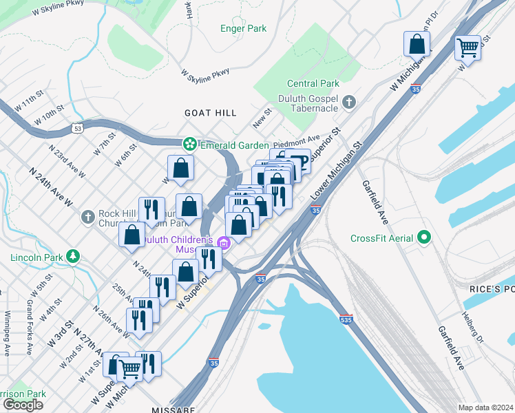 map of restaurants, bars, coffee shops, grocery stores, and more near 32 North 20th Avenue West in Duluth