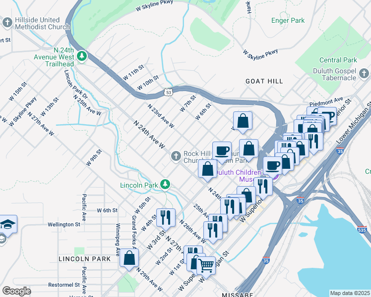 map of restaurants, bars, coffee shops, grocery stores, and more near 517 North 23rd Avenue West in Duluth