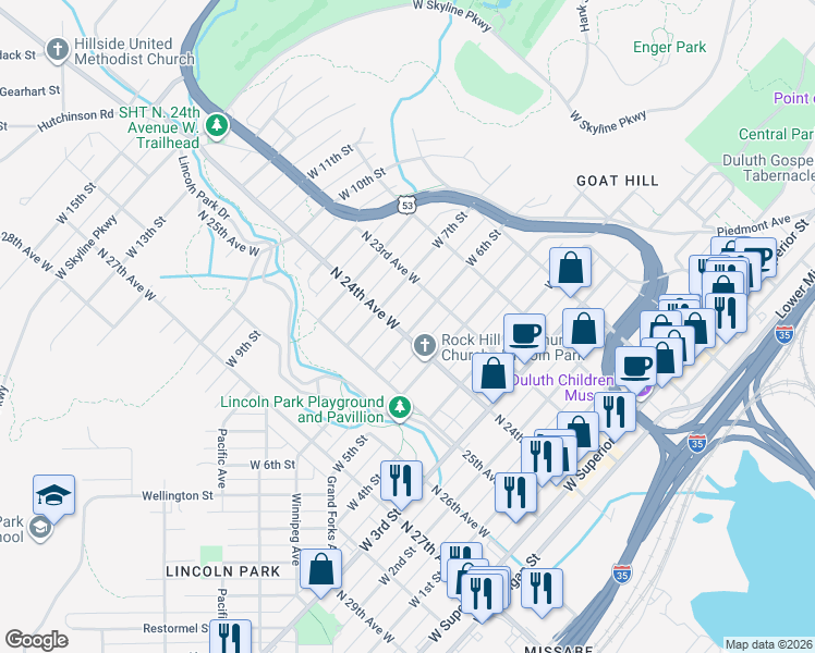 map of restaurants, bars, coffee shops, grocery stores, and more near 602 North 24th Avenue West in Duluth