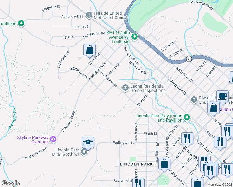 map of restaurants, bars, coffee shops, grocery stores, and more near 2706 West 12th Street in Duluth