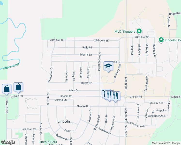 map of restaurants, bars, coffee shops, grocery stores, and more near 125 Clarke Road in Lincoln