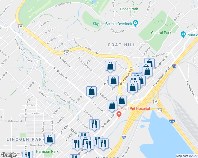 map of restaurants, bars, coffee shops, grocery stores, and more near 2202 West 4th Street in Duluth