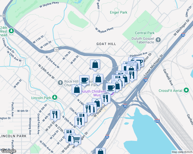map of restaurants, bars, coffee shops, grocery stores, and more near 2112 West 3rd Street in Duluth