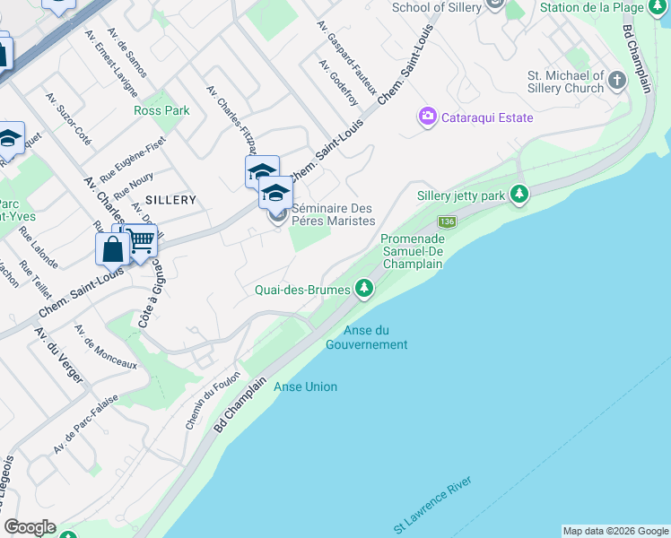 map of restaurants, bars, coffee shops, grocery stores, and more near 2325 Chemin du Foulon in Québec City