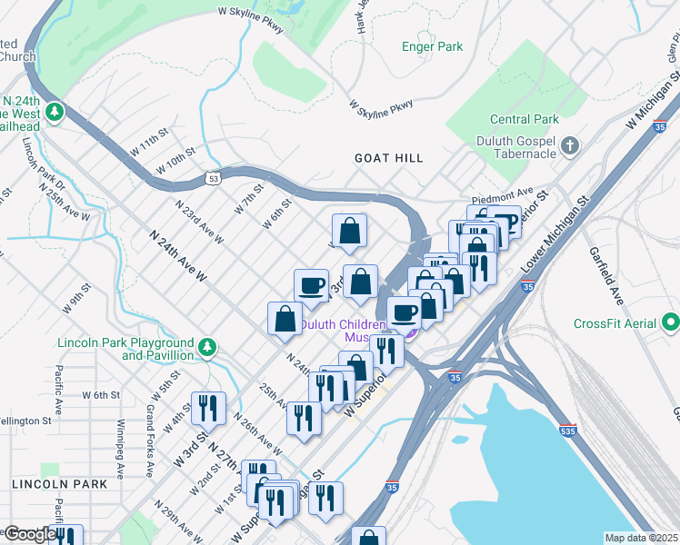map of restaurants, bars, coffee shops, grocery stores, and more near 2117 West 3rd Street in Duluth
