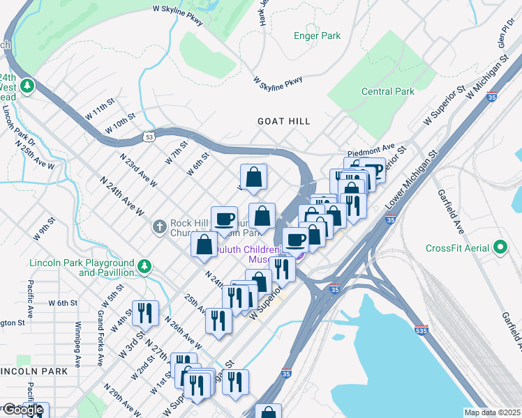 map of restaurants, bars, coffee shops, grocery stores, and more near 2101 West 2nd Street in Duluth
