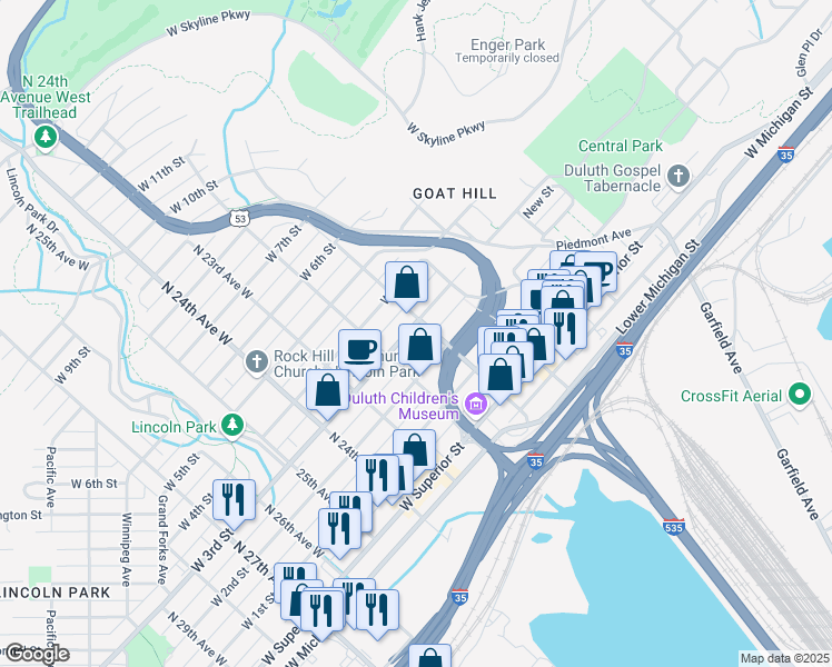 map of restaurants, bars, coffee shops, grocery stores, and more near 2101 West 2nd Street in Duluth