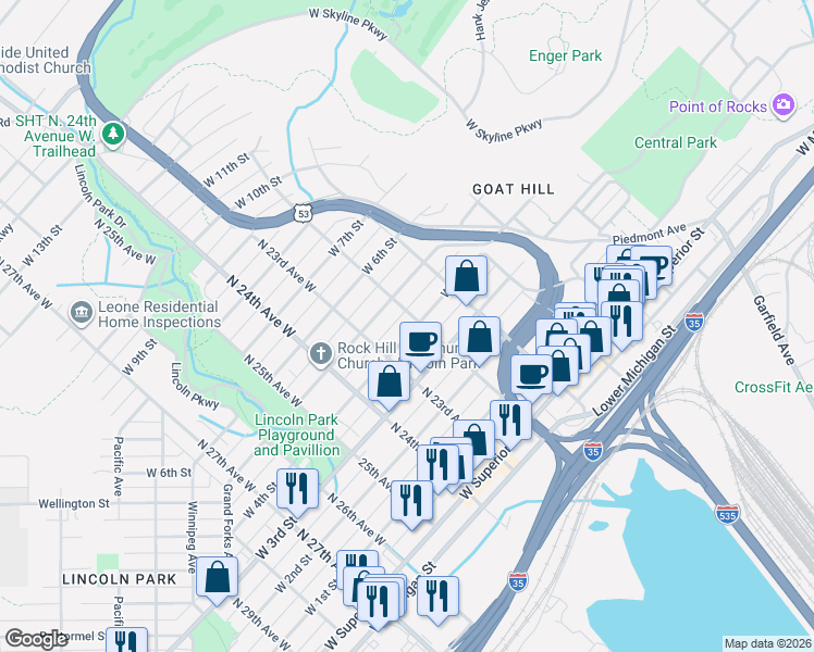 map of restaurants, bars, coffee shops, grocery stores, and more near 2202 West 4th Street in Duluth