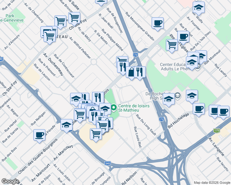 map of restaurants, bars, coffee shops, grocery stores, and more near 953 Rue de Bar le Duc in Québec