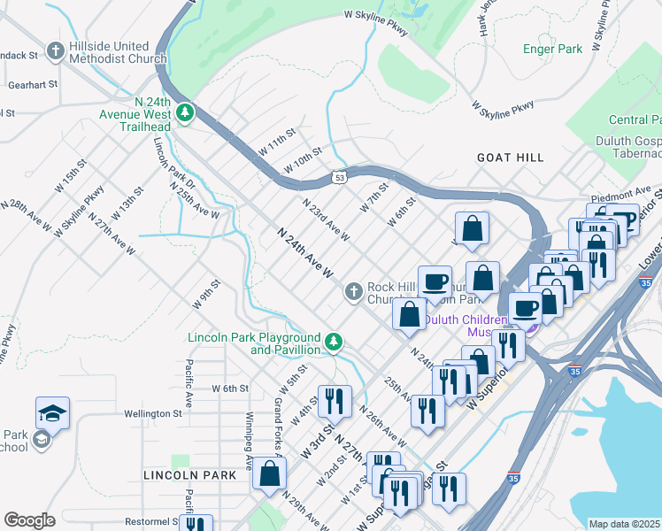 map of restaurants, bars, coffee shops, grocery stores, and more near in Duluth