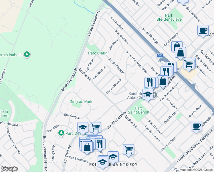 map of restaurants, bars, coffee shops, grocery stores, and more near 3446 Carré de Nevers in Québec