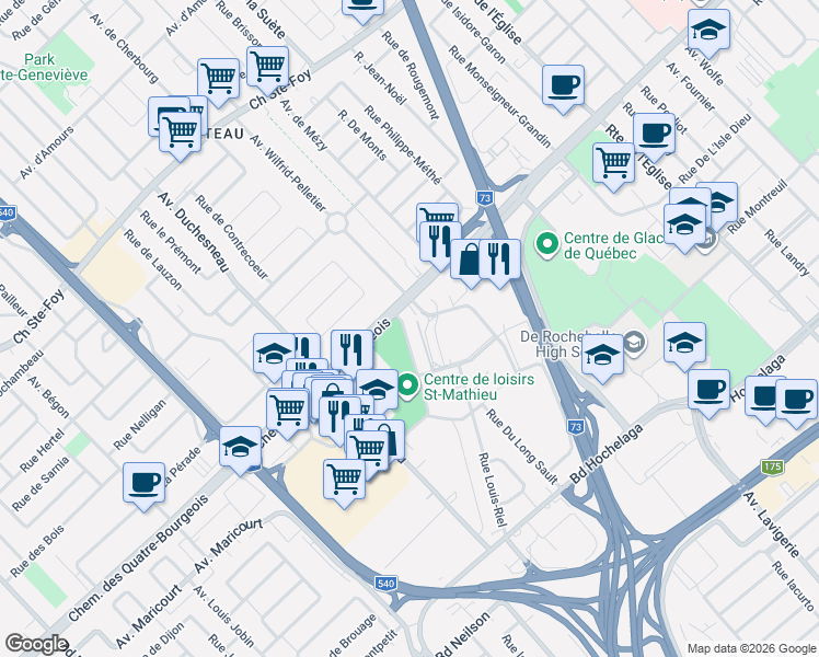 map of restaurants, bars, coffee shops, grocery stores, and more near 947 Rue de Bar le Duc in Québec