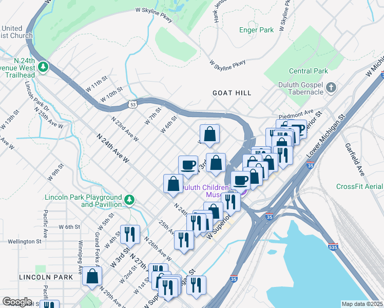 map of restaurants, bars, coffee shops, grocery stores, and more near 2128 West 4th Street in Duluth