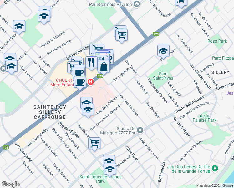 map of restaurants, bars, coffee shops, grocery stores, and more near 1254 Avenue Jean-De Quen in Québec