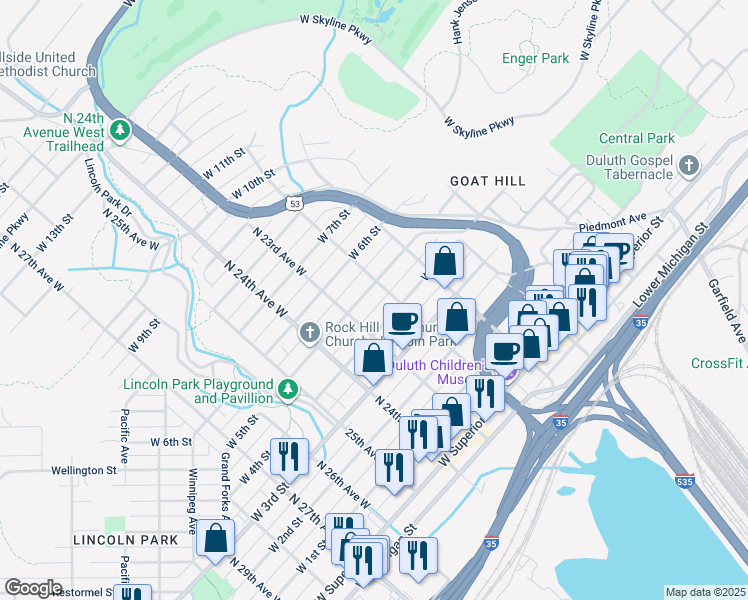map of restaurants, bars, coffee shops, grocery stores, and more near 2226 West 5th Street in Duluth