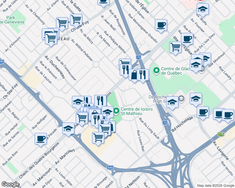 map of restaurants, bars, coffee shops, grocery stores, and more near 947 Rue de Bar le Duc in Québec