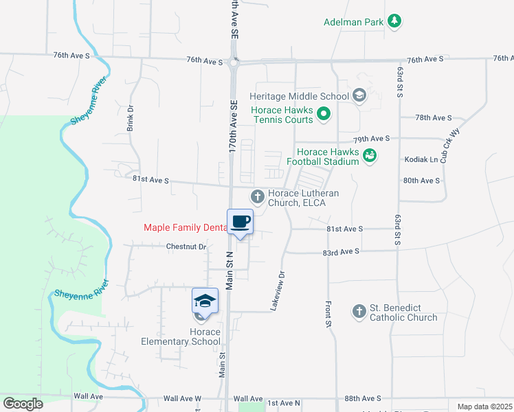 map of restaurants, bars, coffee shops, grocery stores, and more near 650 1st Street North in Horace