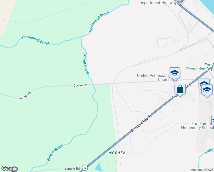 map of restaurants, bars, coffee shops, grocery stores, and more near 129 Currier Road in Fort Fairfield