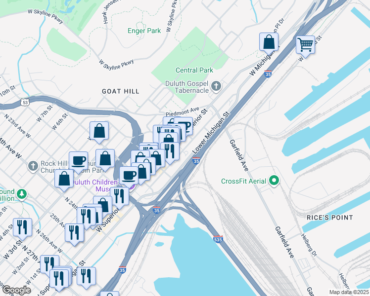 map of restaurants, bars, coffee shops, grocery stores, and more near 1912 West Michigan Street in Duluth