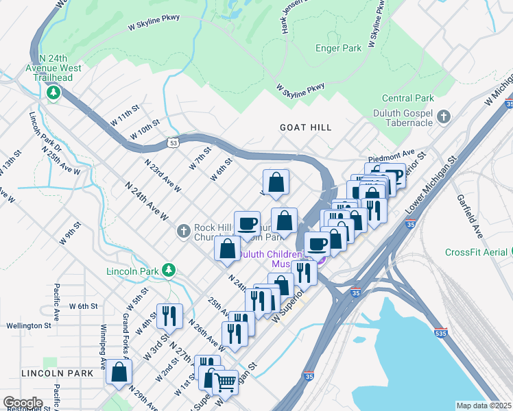 map of restaurants, bars, coffee shops, grocery stores, and more near 2122 West 4th Street in Duluth