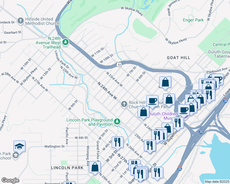 map of restaurants, bars, coffee shops, grocery stores, and more near in Duluth