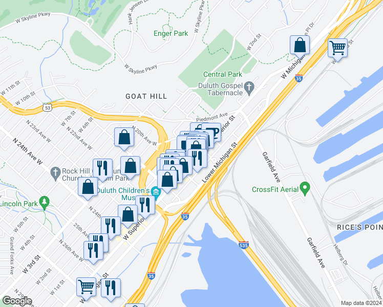 map of restaurants, bars, coffee shops, grocery stores, and more near 7 North 19th Avenue West in Duluth