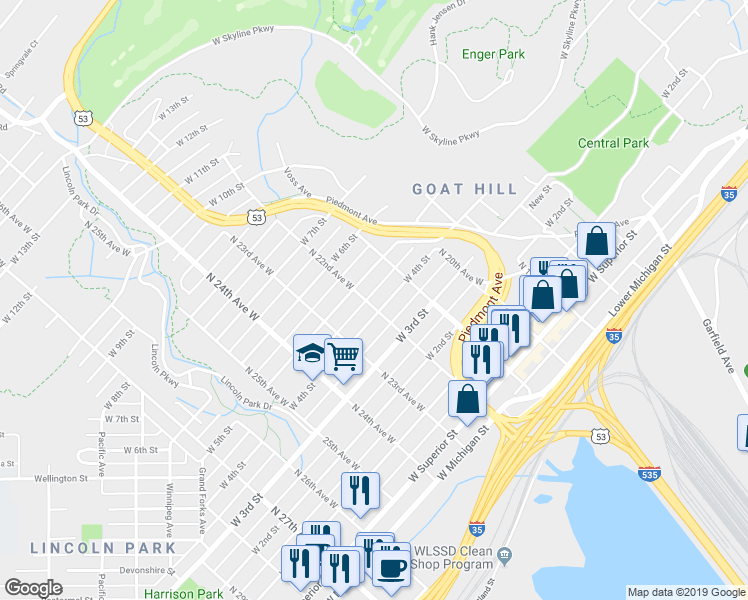map of restaurants, bars, coffee shops, grocery stores, and more near 408 North 22nd Avenue West in Duluth