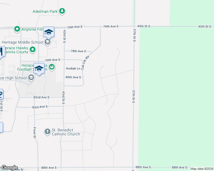 map of restaurants, bars, coffee shops, grocery stores, and more near 57th Street South in Horace