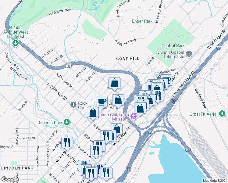 map of restaurants, bars, coffee shops, grocery stores, and more near 313 North 21st Avenue West in Duluth