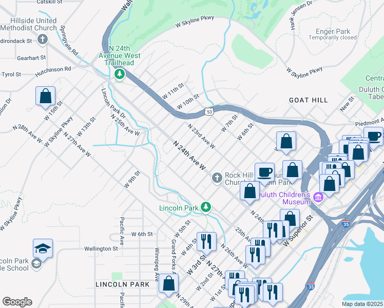 map of restaurants, bars, coffee shops, grocery stores, and more near 714 North 24th Avenue West in Duluth