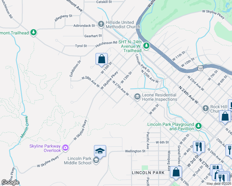 map of restaurants, bars, coffee shops, grocery stores, and more near 2701 West 13th Street in Duluth